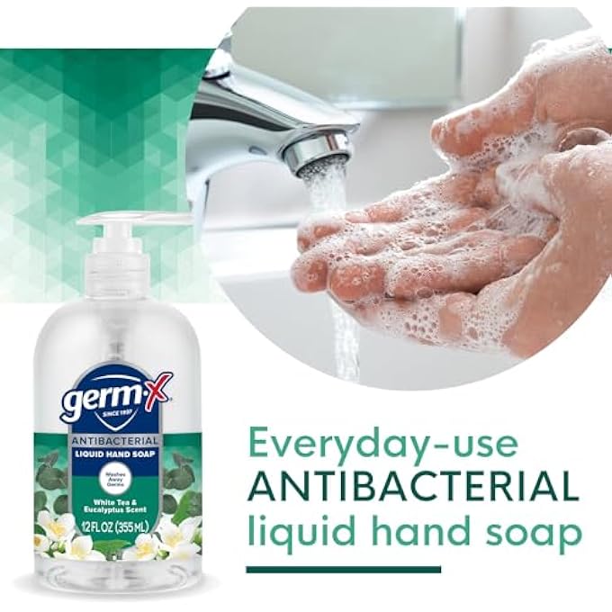Germ-X ANTIBACTERIAL HAND SOAP, MOISTURIZING LIQUID HAND WASH FOR KITCHEN, PH BALANCED & DERMATOLOGIST TESTED, BACK TO SCHOOL SUPPLIES, WHITE TEA & EUCALYPTUS, 12 OZ PUMP BOTTLE (PACK OF 4) - Image 5